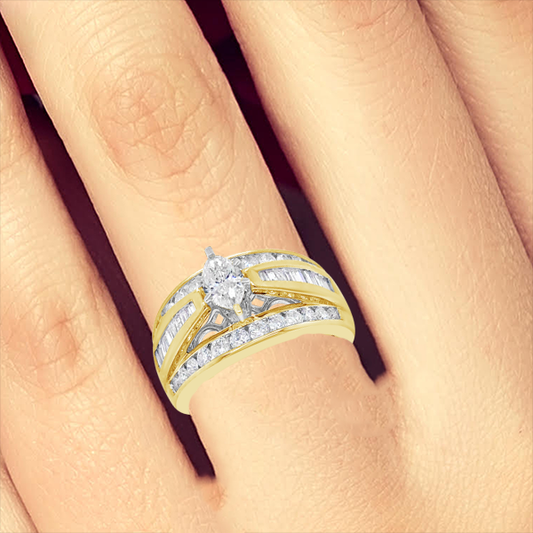 Marquis Diamond Engagement Ring 1.50 CTW Baguettes & Round Cut 14K White Gold