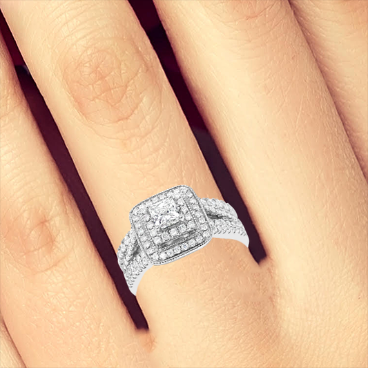 Diamond Halo Engagement Ring 1.24 CTW Princess Center w/ Round Cut 14K White Gold
