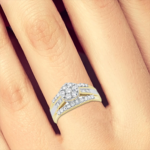 Diamond Engagement Ring 1 CTW Round Cut w/ Baguette 10K Yellow Gold