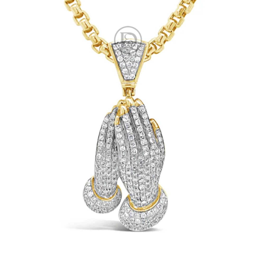 Diamond Praying Hands Pendant 1.80 CTW Round Cut 10K Yellow Gold