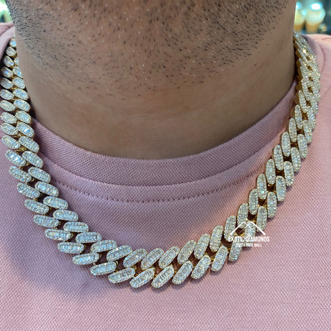 10K Yellow Gold Miami Cuban Link Diamond Necklace with Baguette and Rounds