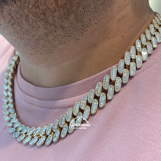 10K Yellow Gold Miami Cuban Link Diamond Necklace with Baguette and Rounds