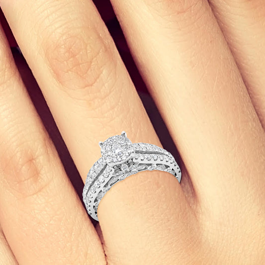 Diamond Halo Engagement Ring 1.58 CTW White Gold Bridal Set