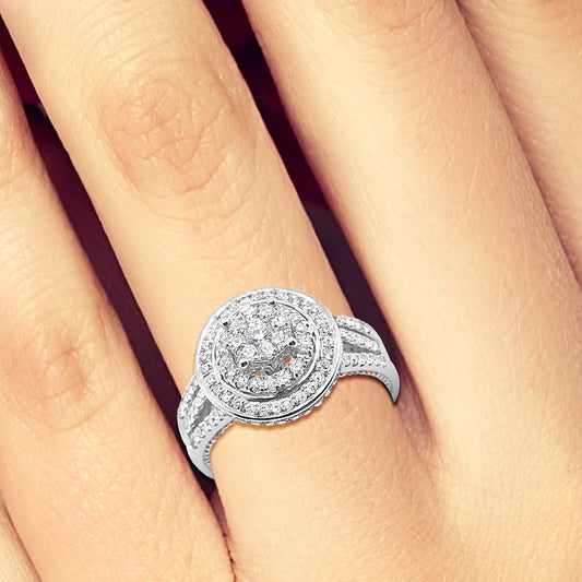 Diamond Halo Engagement Ring .78 CTW Round Cut 14K White Gold Bridal Set