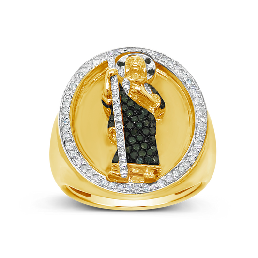 Green & White Diamond St. Jude Ring .70 CTW Round Cut 10K Yellow Gold