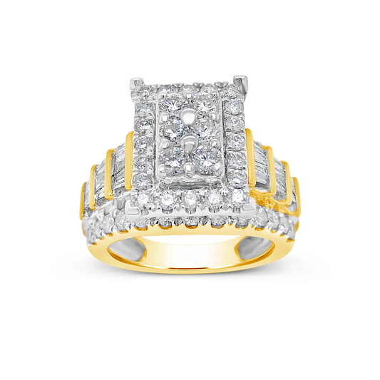 Diamond Halo Ring 2.11 CTW Round Cut w/ Baguettes 10K Yellow Gold