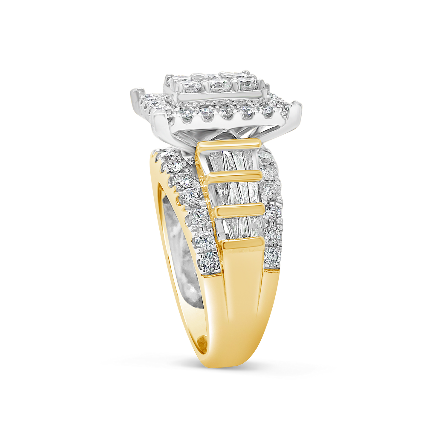 Diamond Halo Ring 2.11 CTW Round Cut w/ Baguettes 10K Yellow Gold