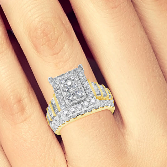 Diamond Halo Ring 2.11 CTW Round Cut w/ Baguettes 10K Yellow Gold