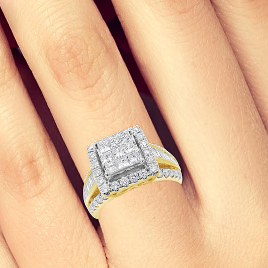 Diamond Halo Ring 1.80 CTW Princess Cut w/Baguettes & Round Cut 10K Yellow Gold