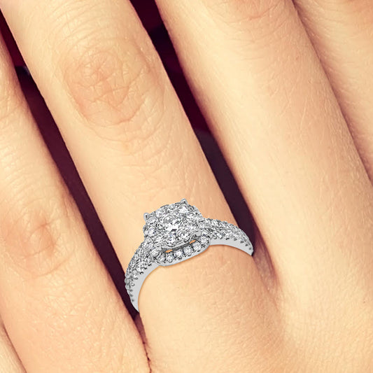 Diamond Halo Engagement Ring 1.5 CTW Round Cut 14K White Gold