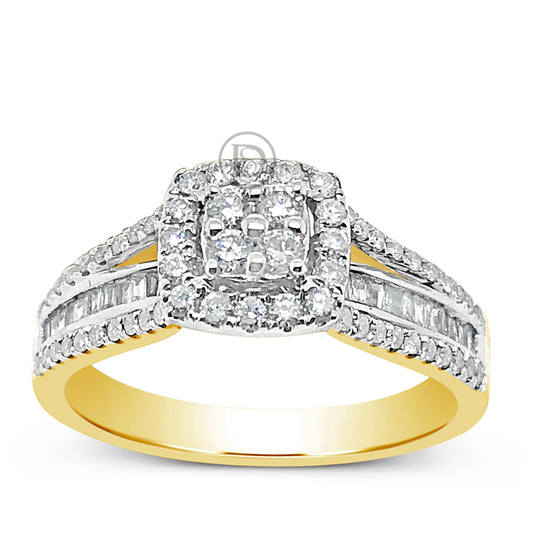Diamond Halo Engagement Ring .50 CTW Round w/ Baguette Cut 10K Yellow Gold