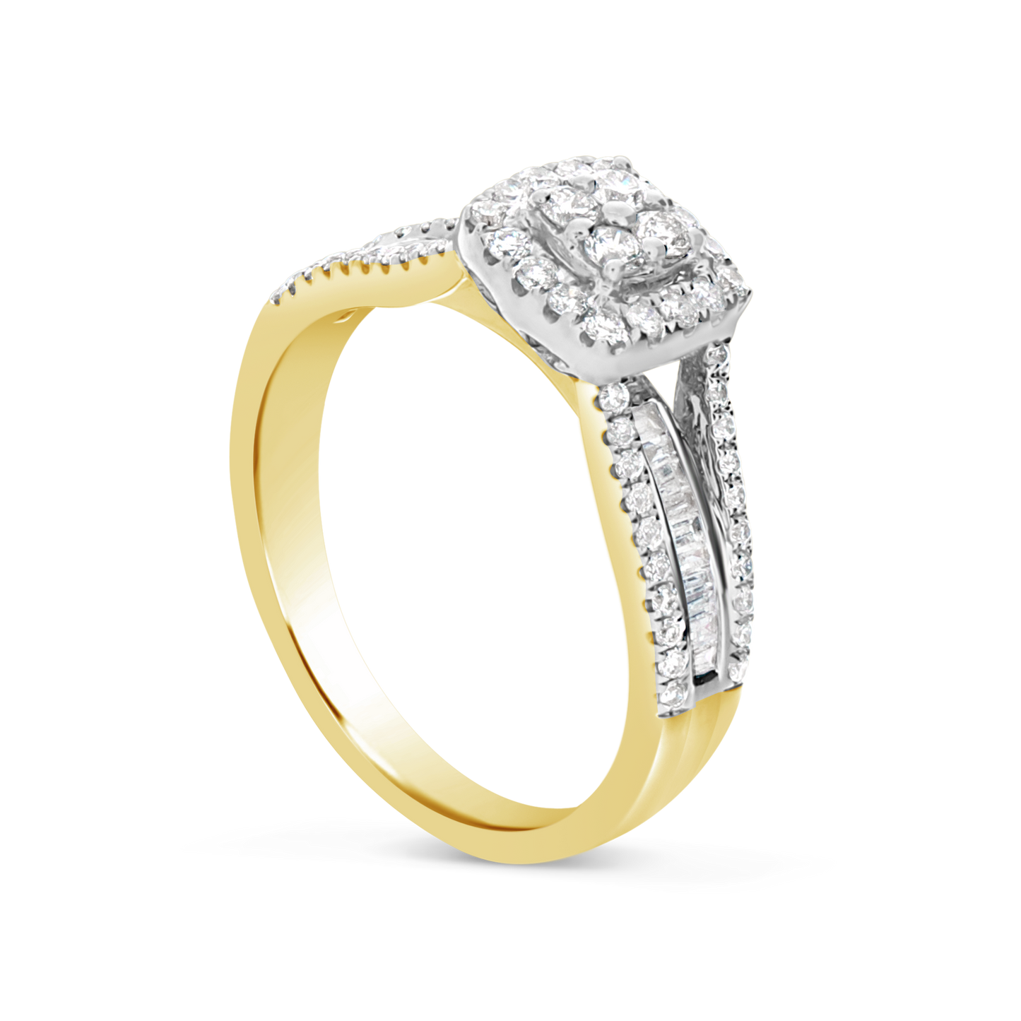 Diamond Halo Engagement Ring .50 CTW Round w/ Baguette Cut 10K Yellow Gold