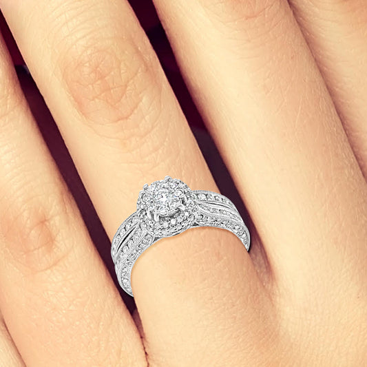Diamond Halo Engagement Ring 1.10 CTW Round Cut 14K White Gold