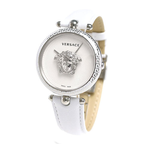 White Sunray Versace Palazzo Empire Stainless Steal Watch w/ 3d Medusa & White Calf Leather Strap