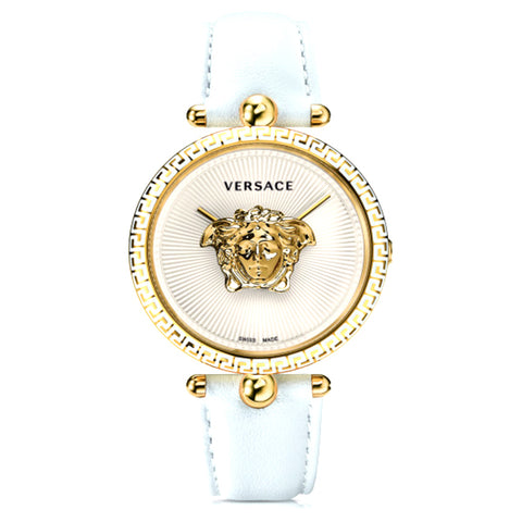 White Sunray Versace Palazzo Empire Yellow Gold Watch w/ 3D Medusa & Black Calf Leather Strap