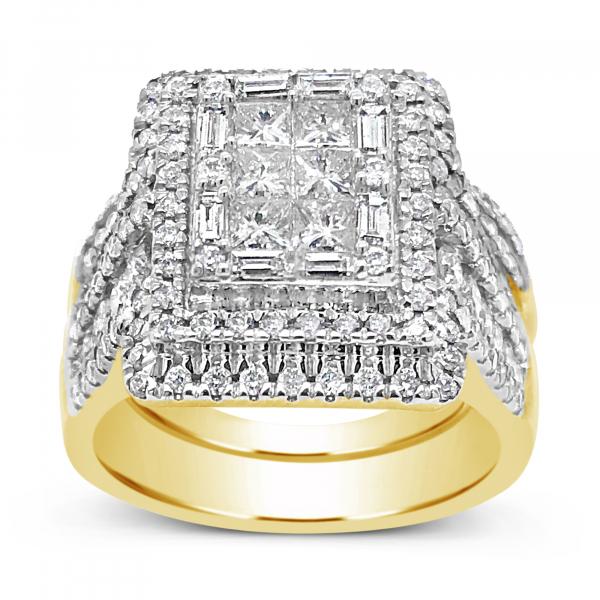 Diamond Halo Ring 2 CTW Princess Cut w/ Round Cut & Baguettes 14K Yellow Gold