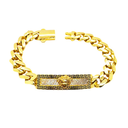 SEMI SOLID MIAMI CUBAN BRACELET WITH GREEK KEY BORDER WITH CLEAR STONES AND MEDUSA EMBLEM ED01580