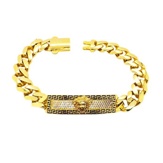 SEMI SOLID MIAMI CUBAN BRACELET WITH GREEK KEY BORDER WITH CLEAR STONES AND MEDUSA EMBLEM 15.80 GM