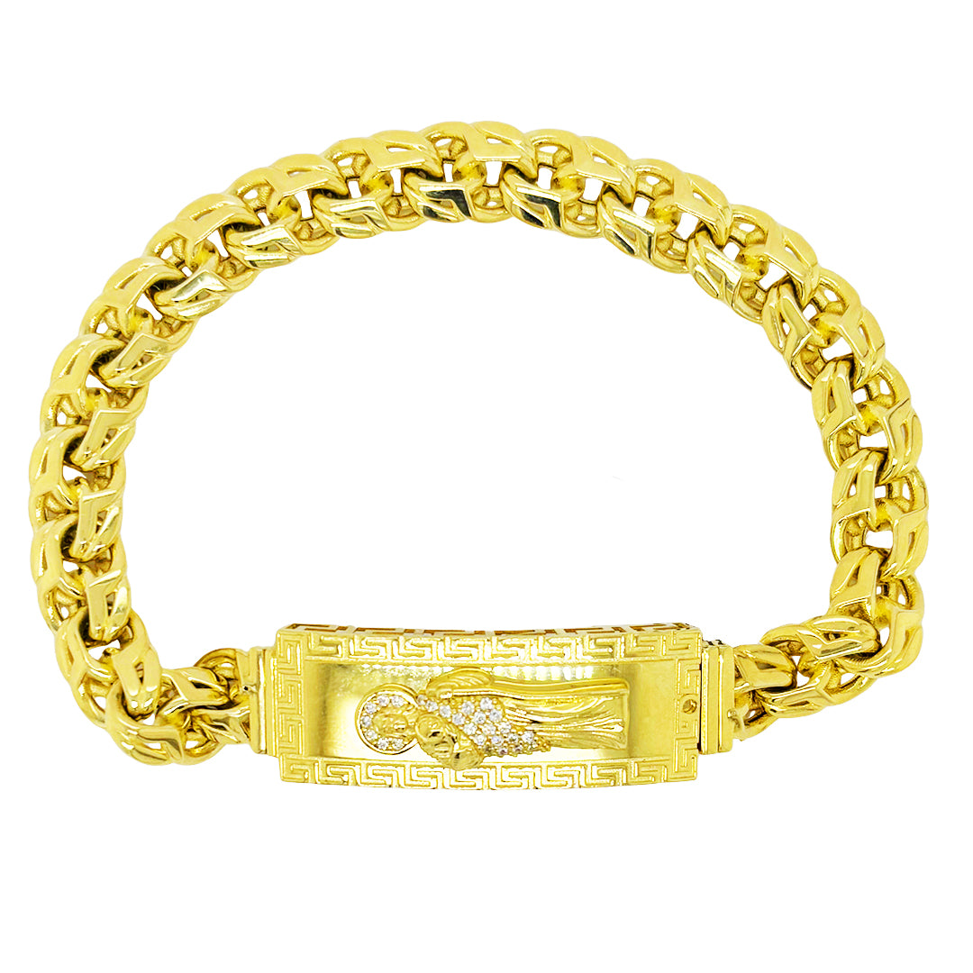 SEMI SOLID CHINO BRACELET WITH GREEK KEY AND SAINT JUDE WITH CLEAR STONES  ON A PLATE 18.40 GM