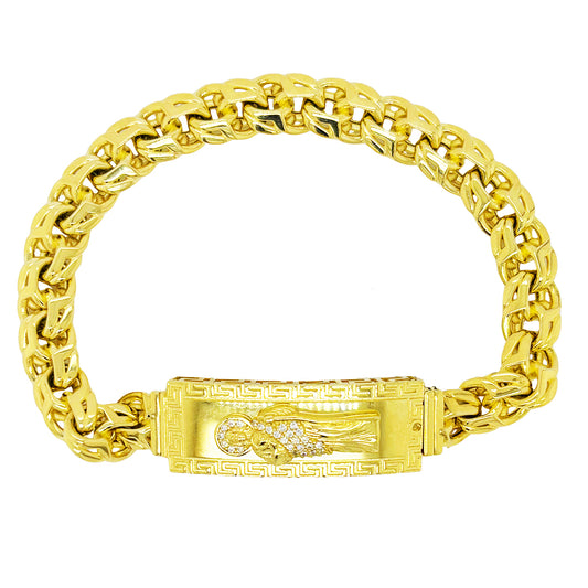 SEMI SOLID CHINO BRACELET WITH GREEK KEY AND SAINT JUDE WITH CLEAR STONES  ON A PLATE 18.40 GM