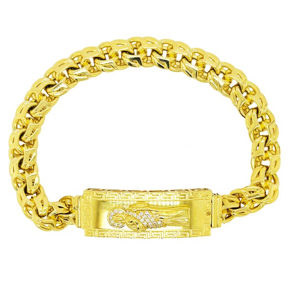 SEMI SOLID CHINO BRACELET WITH GREEK KEY AND SAINT JUDE WITH CLEAR STONES  ON A PLATE ED0001840