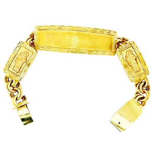 CHINO BRACELET WITH ST. JUDE ON TWO PLATES AND GREEK KEY BORDER ON ALL THREE PLATES, CENTER PLATE PLAIN 77.40 GM