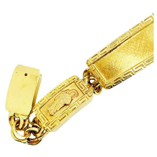 CHINO BRACELET WITH ST. JUDE ON TWO PLATES AND GREEK KEY BORDER ON ALL THREE PLATES, CENTER PLATE PLAIN 77.40 GM