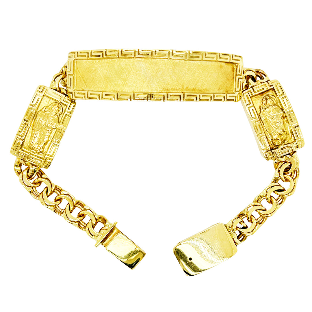 CHINO BRACELET WITH ST. JUDE ON TWO PLATES AND GREEK KEY BORDER ON ALL THREE PLATES, CENTER PLATE PLAIN 53.40 GM