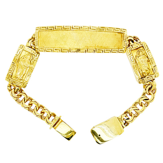 CHINO BRACELET WITH ST. JUDE ON TWO PLATES AND GREEK KEY BORDER ON ALL THREE PLATES, CENTER PLATE PLAIN 53.40 GM