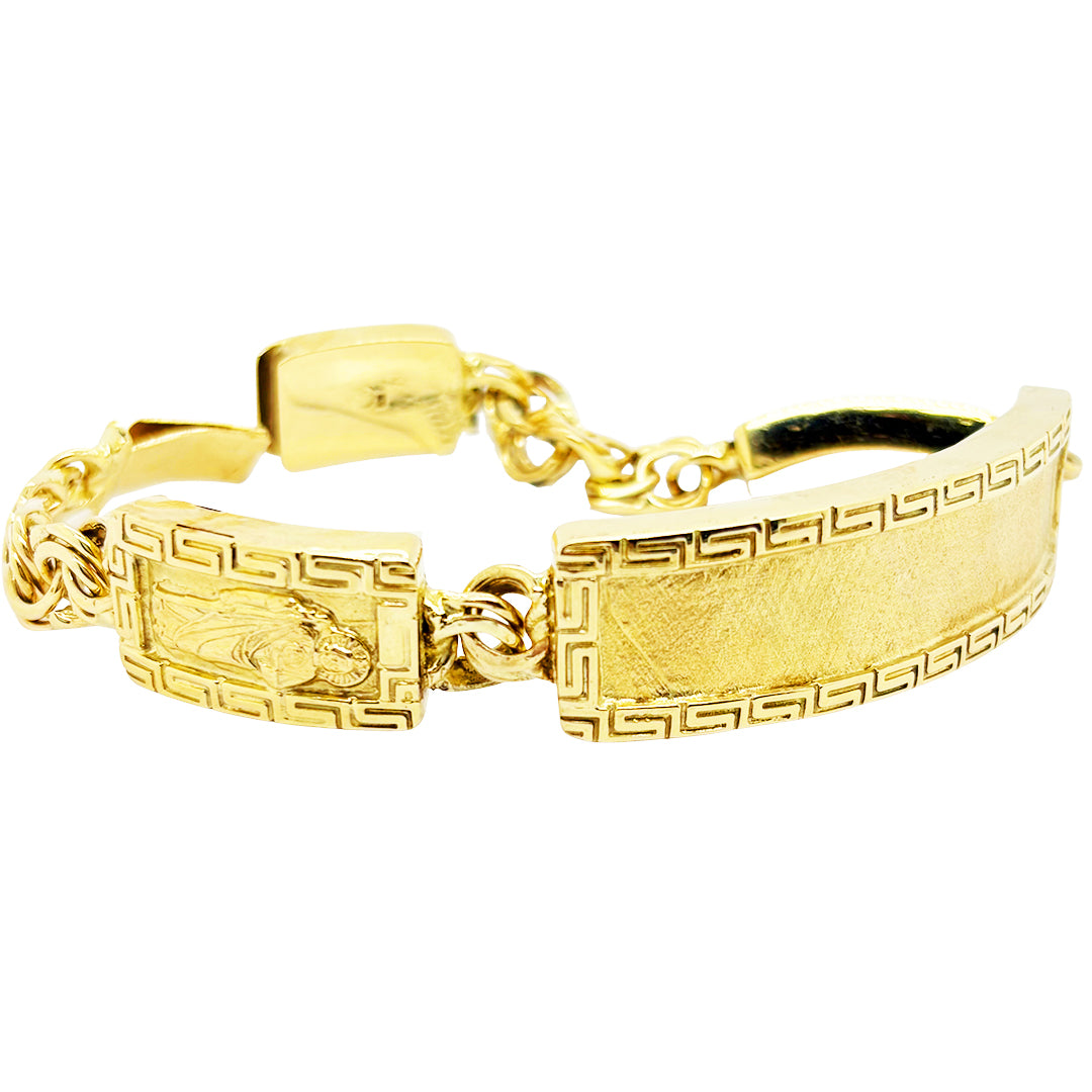 CHINO BRACELET WITH ST. JUDE ON TWO PLATES AND GREEK KEY BORDER ON ALL THREE PLATES, CENTER PLATE PLAIN 53.40 GM
