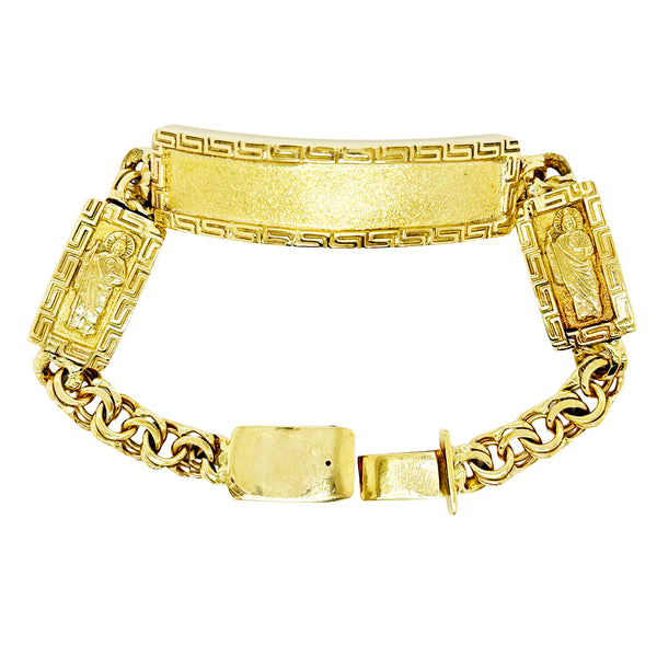 CHINO BRACELET WITH ST. JUDE ON TWO PLATES AND GREEK KEY BORDER ON ALL THREE PLATES, CENTER PLATE PLAIN ED005280