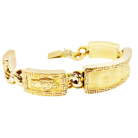 CHINO BRACELET WITH ST. JUDE ON TWO PLATES AND GREEK KEY BORDER ON ALL THREE PLATES, CENTER PLATE PLAIN 72.30 GM