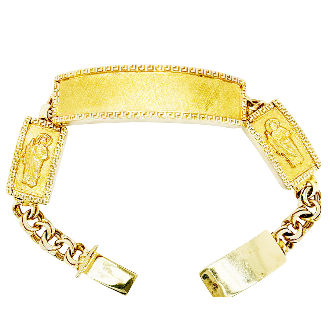 CHINO BRACELET WITH ST. JUDE ON TWO PLATES AND GREEK KEY BORDER ON ALL THREE PLATES, CENTER PLATE PLAIN 56.00 GM