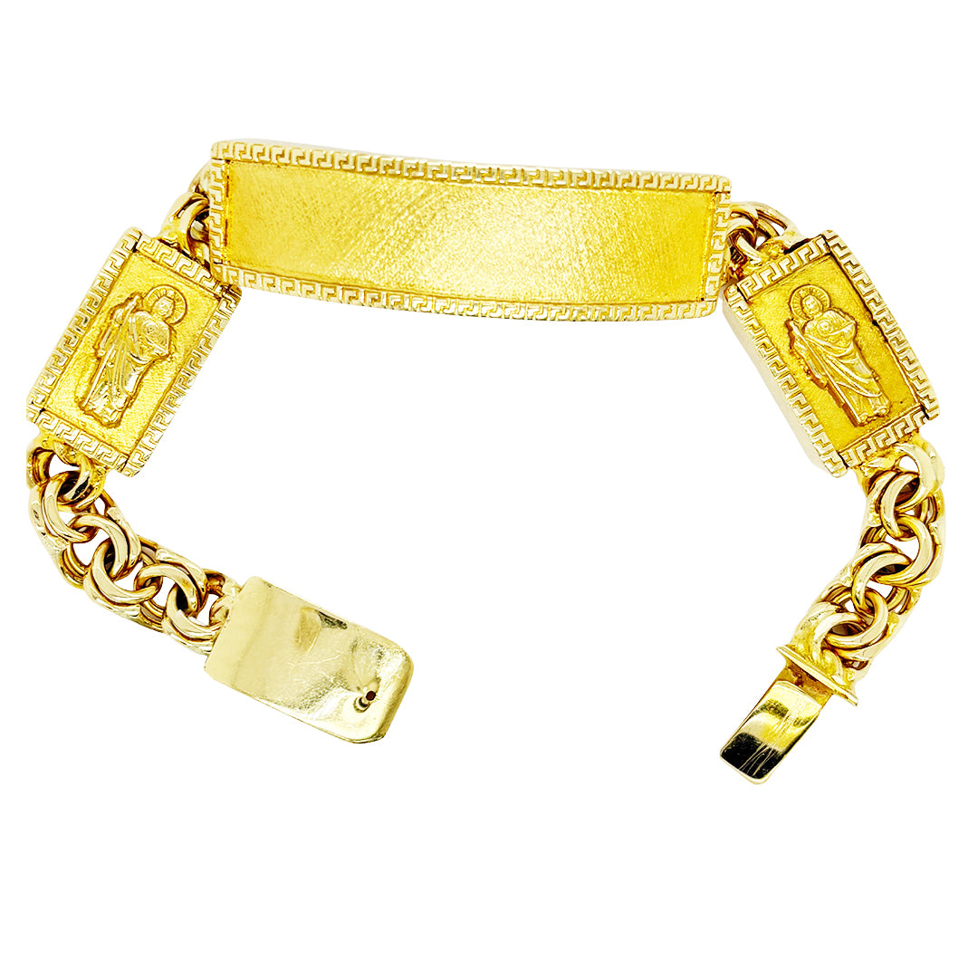 CHINO BRACELET WITH ST. JUDE ON TWO PLATES AND GREEK KEY BORDER ON ALL THREE PLATES, CENTER PLATE PLAIN 57.10 GM