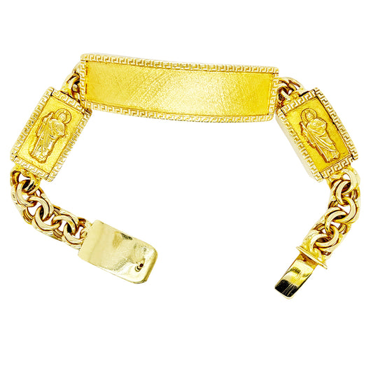 CHINO BRACELET WITH ST. JUDE ON TWO PLATES AND GREEK KEY BORDER ON ALL THREE PLATES, CENTER PLATE PLAIN 57.10 GM