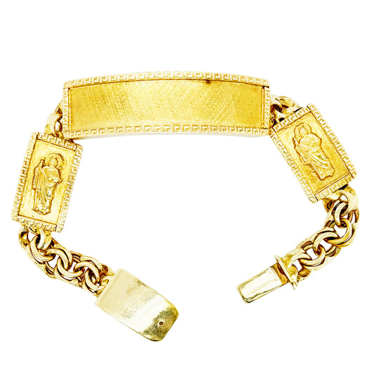 CHINO BRACELET WITH ST. JUDE ON TWO PLATES AND GREEK KEY BORDER ON ALL THREE PLATES, CENTER PLATE PLAIN 58.30 GM