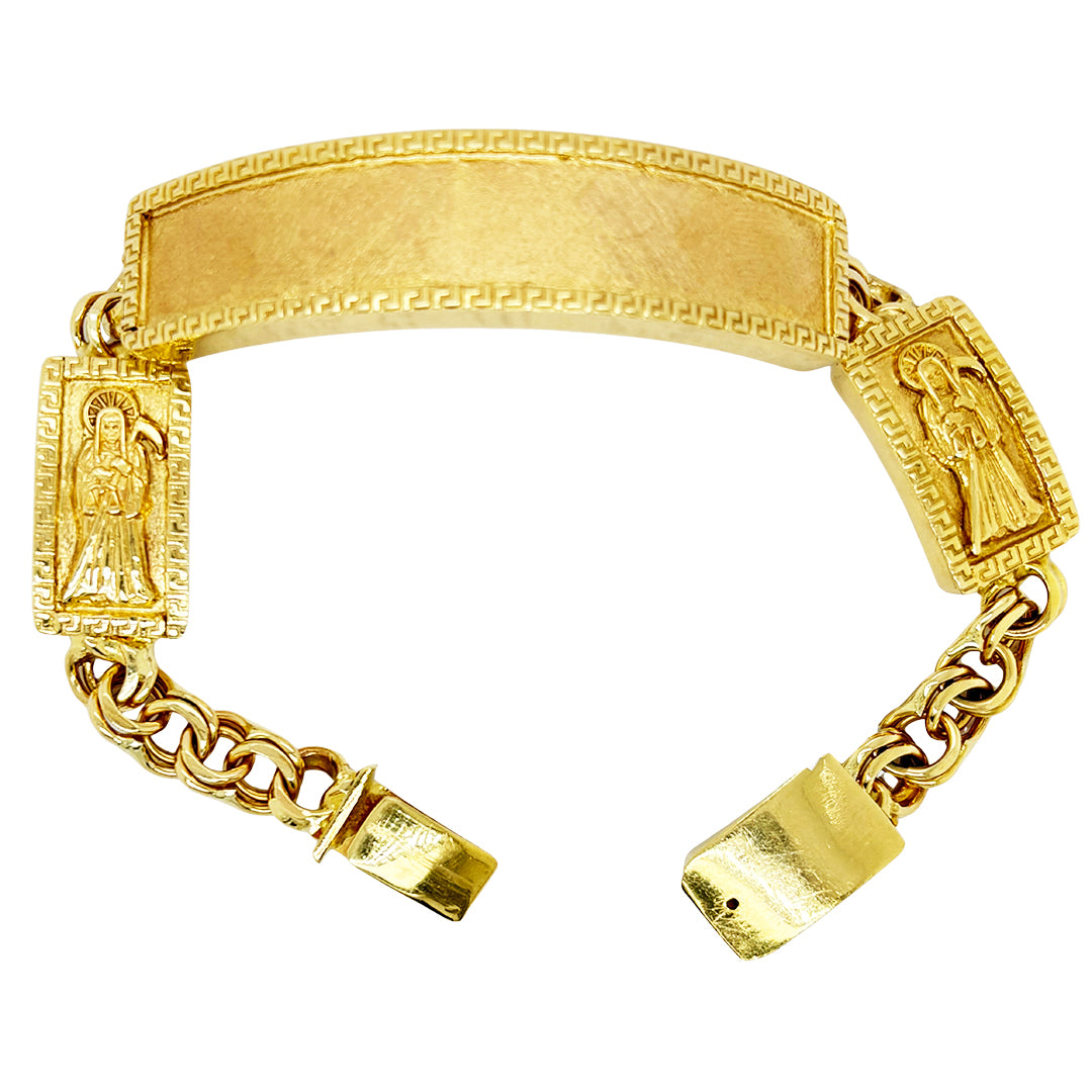 CHINO BRACELET WITH SANTA MUERTE ON TWO PLATES AND GREEK KEY BORDER ON ALL THREE PLATES, CENTER PLATE PLAIN 55.50 GM