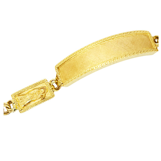 CHINO BRACELET WITH SANTA MUERTE ON TWO PLATES AND GREEK KEY BORDER ON ALL THREE PLATES, CENTER PLATE PLAIN 55.50 GM