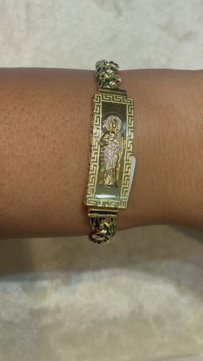 SEMI SOLID CHINO BRACELET WITH GREEK KEY AND SAINT JUDE WITH CLEAR STONES  ON A PLATE ED0001840