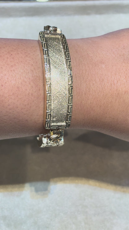 CHINO BRACELET WITH ST. JUDE ON TWO PLATES AND GREEK KEY BORDER ON ALL THREE PLATES, CENTER PLATE PLAIN ED005280