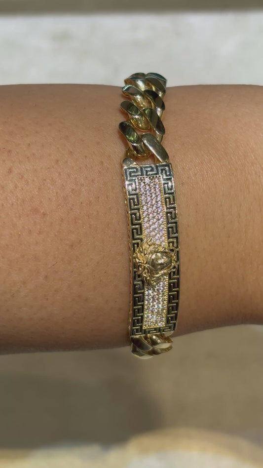 SEMI SOLID MIAMI CUBAN BRACELET WITH GREEK KEY BORDER WITH CLEAR STONES AND MEDUSA EMBLEM 15.80 GM