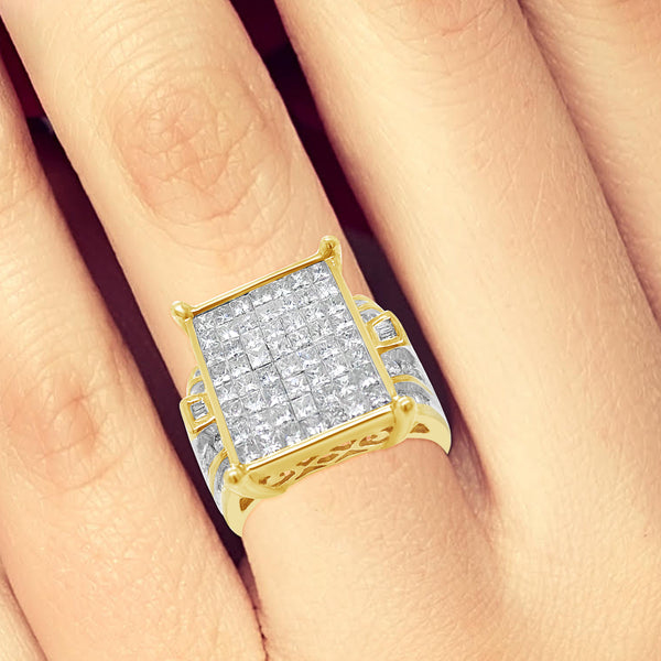 Diamond Ring 2 CTW Princess Cut w/ Baguettes & Round Cut 14K Yellow Gold