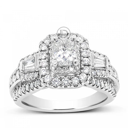 Diamond Halo Engagement Ring 1.50 CTW Radiant Center w/ Baguettes & Round Cut 14K White Gold