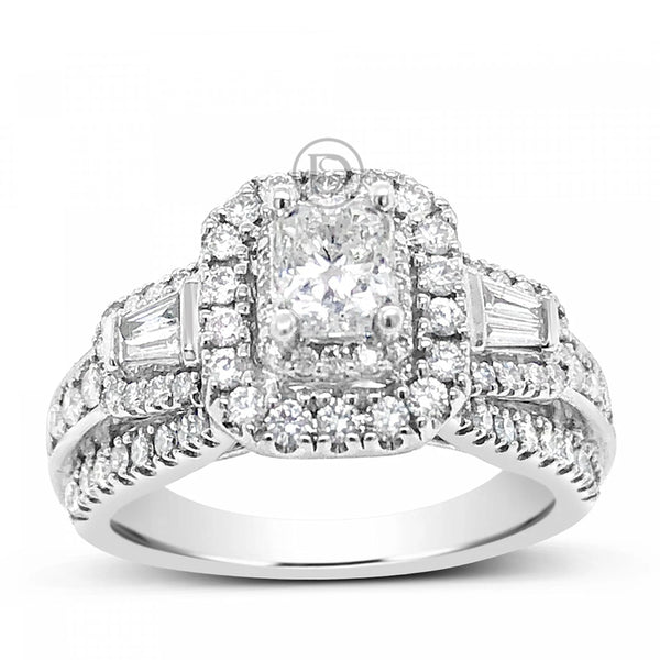 Diamond Halo Engagement Ring 1.50 CTW Radiant Center w/ Baguettes & Round Cut 14K White Gold
