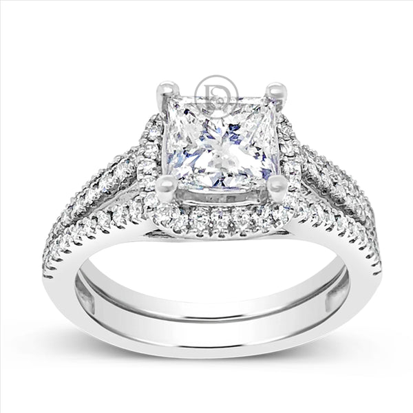 Diamond Halo Engagement Ring 2.50 CTW Princess Center w/ Round Cut 14K White Gold