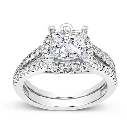 Diamond Halo Engagement Ring 2.50 CTW Princess Center w/ Round Cut 14K White Gold