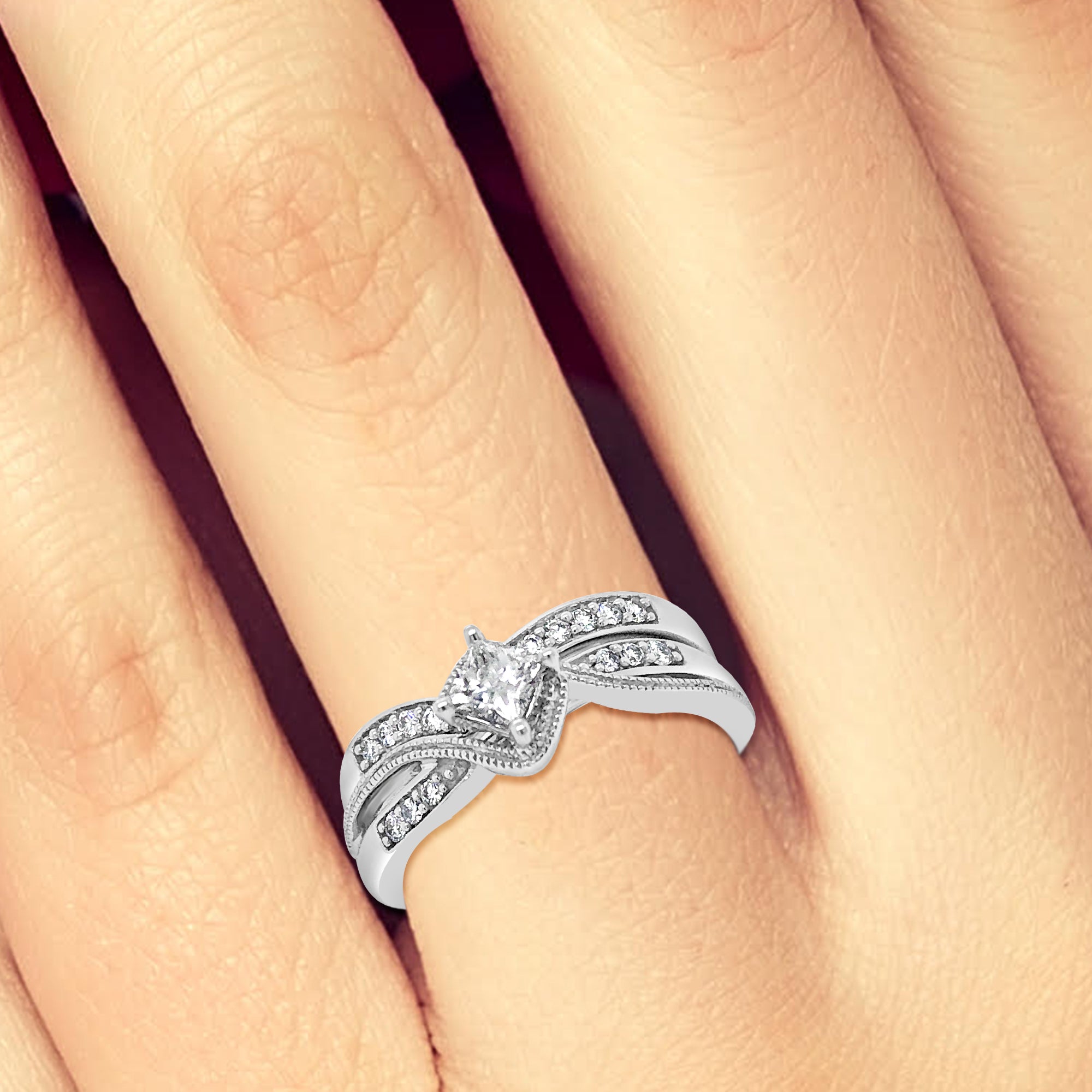 Diamond Engagement Ring .50 CTW Princess Cut w/ Round Cut 10K White Gold