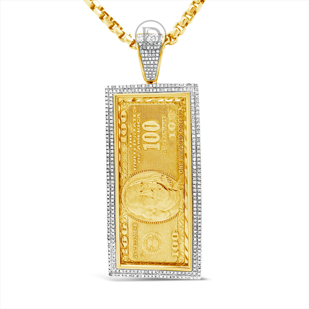 Diamond One Hundred Dollar Bill Pendant .52 CTW Round Cut 10K Yellow Gold