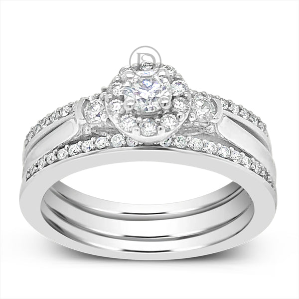 3 Piece Diamond Halo Engagement Ring .62 CTW Round Cut 14K White Gold