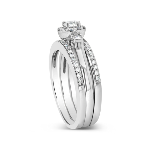3 Piece Diamond Halo Engagement Ring .62 CTW Round Cut 14K White Gold